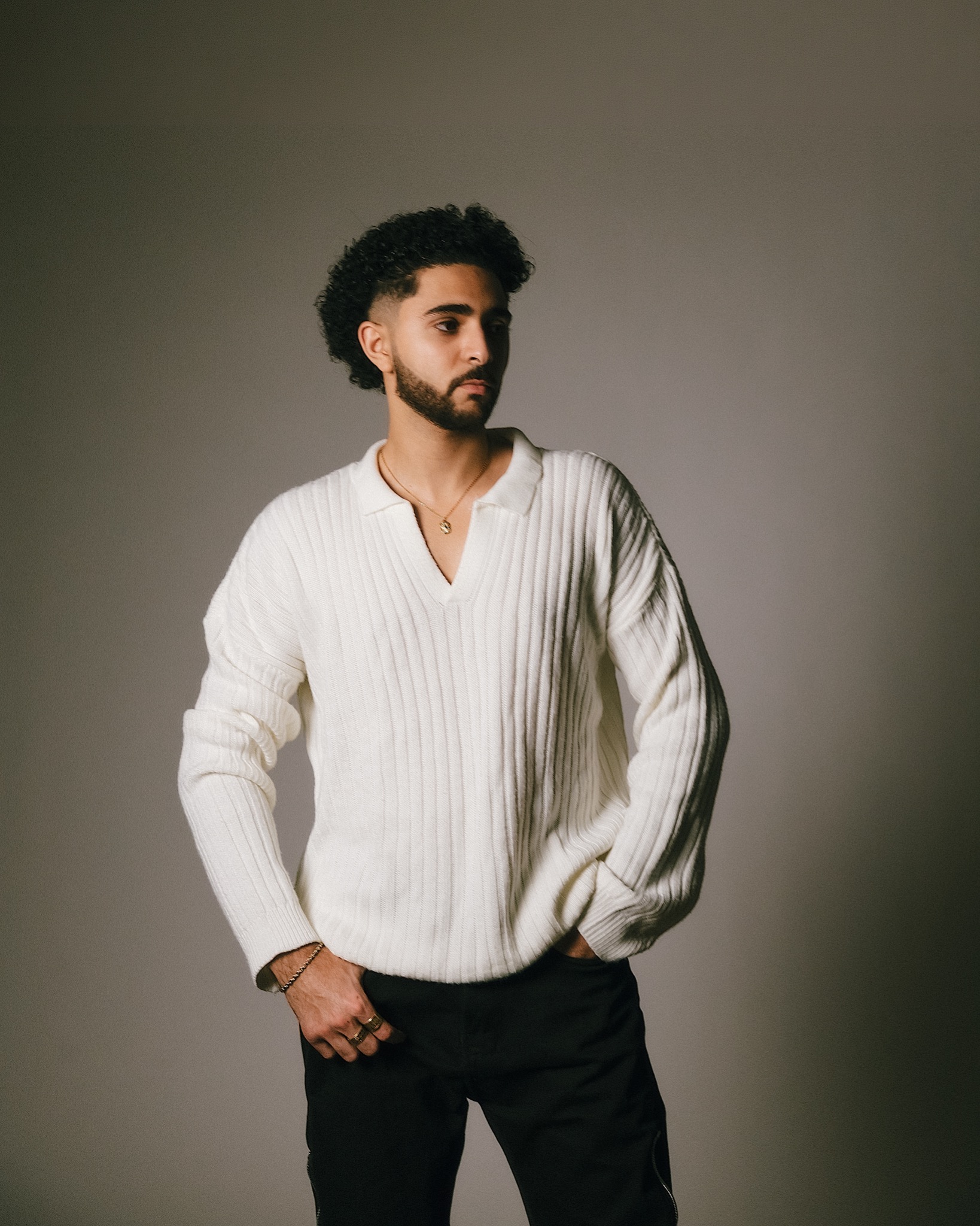White knit standing portrait