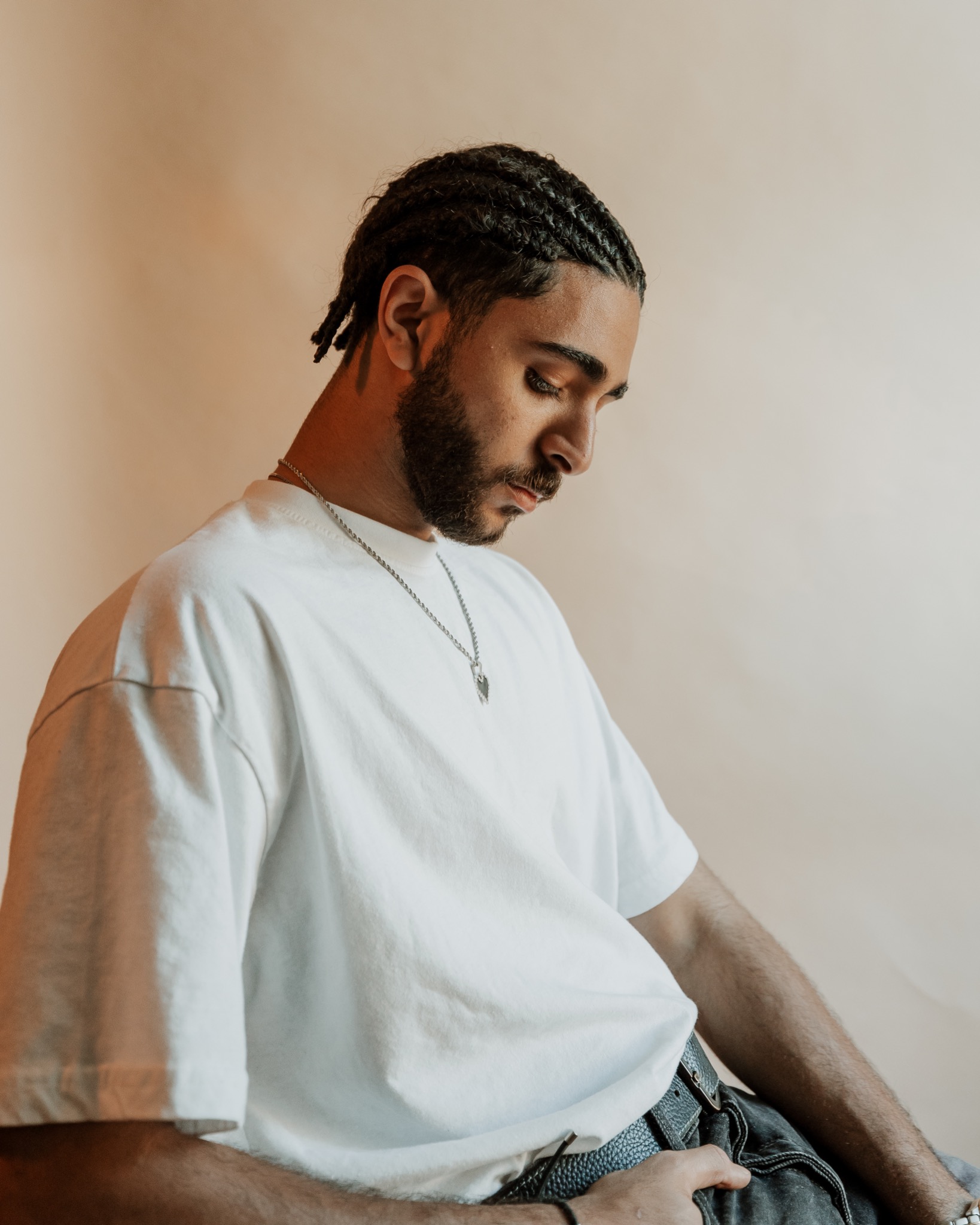 White t-shirt seated portrait